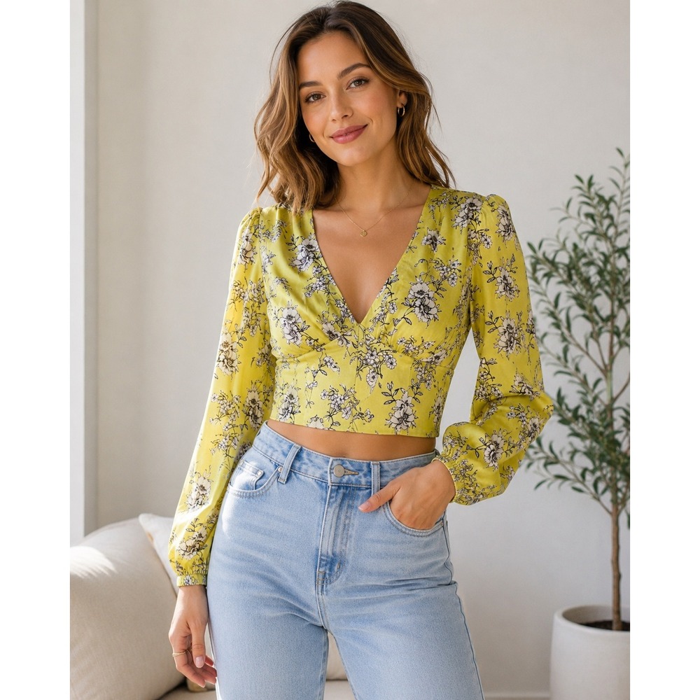 NWT Milk & Honey Yellow Green Floral Cropped Blouse Size S Puff Sleeve